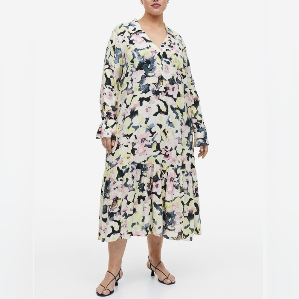 H&M Yellow Black Floral Collared Maxi Dress US L